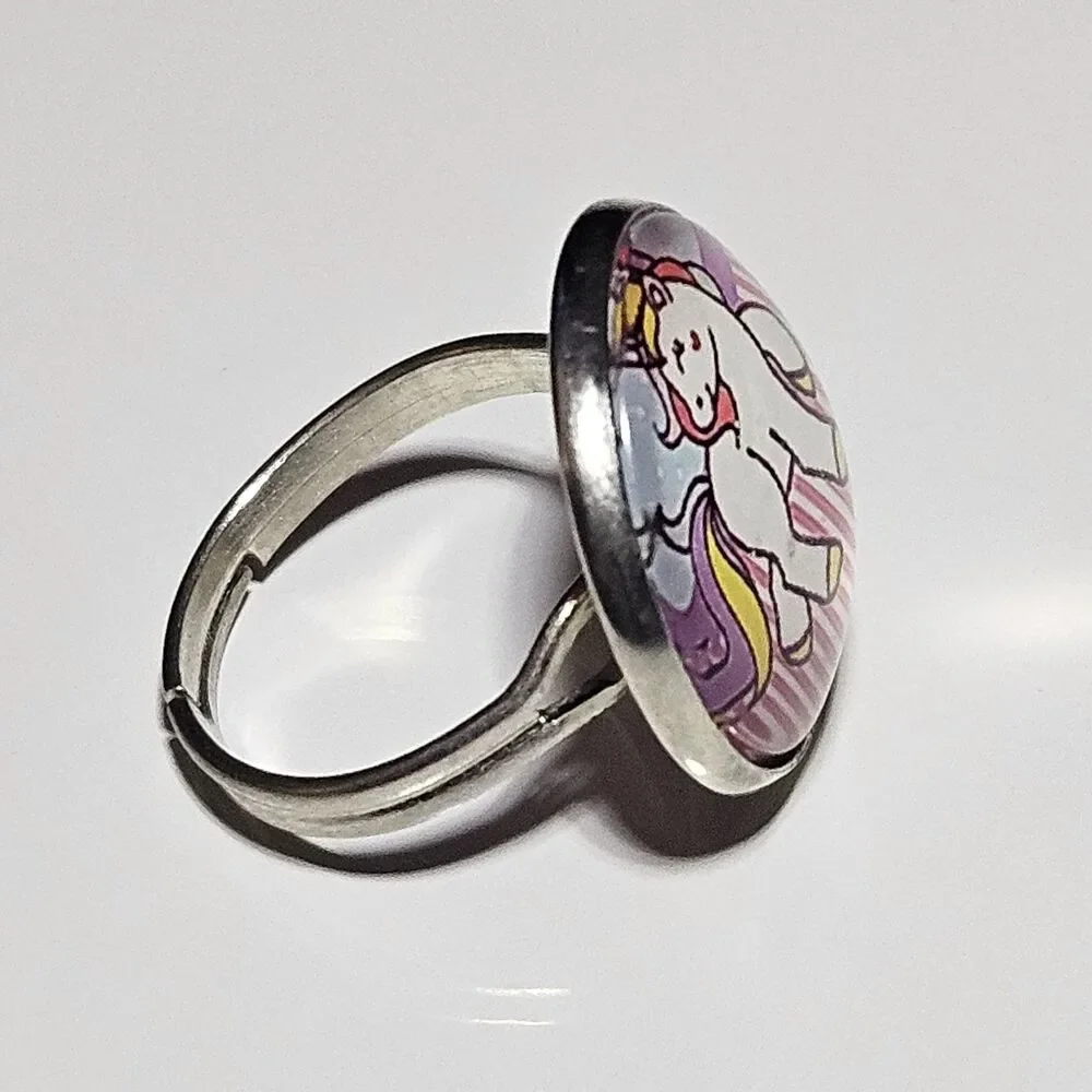 Silver Tone Carbochon Pastel Pink Blue Purple Unicorn Adjustable Ring